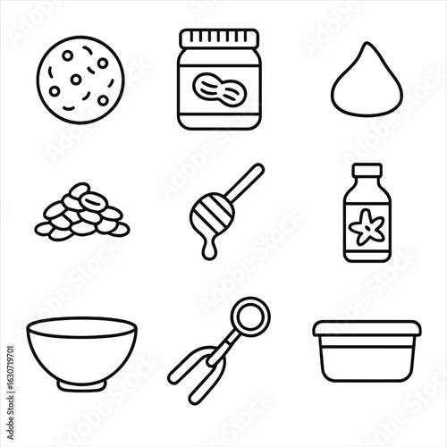 Oat Energy Bites Icons. Line style icons of Oat Energy Bites: energy bite ball, peanut butter jar, chocolate chip, rolled oats