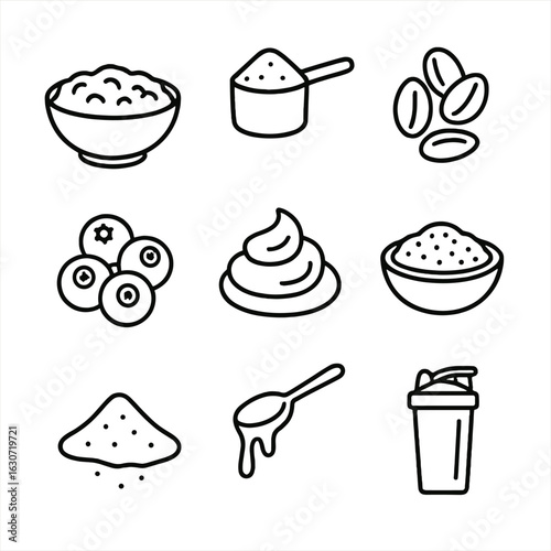 Oat Protein Bowl Icons. Line style icons of Oat Protein Bowls: oatmeal base, whey protein scoop, sliced almonds, blueberries,