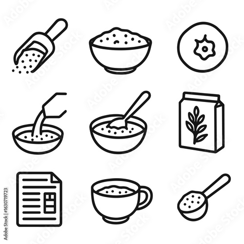 Oat Bran Icons. Line style icons of Oat Bran Cereals: oat bran scoop, cereal bowl, dried blueberry, milk pour, spoon stir, cereal