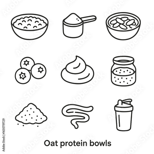Oat Protein Bowl Icons. Line style icons of Oat Protein Bowls: oatmeal base, whey protein scoop, sliced almonds, blueberries,