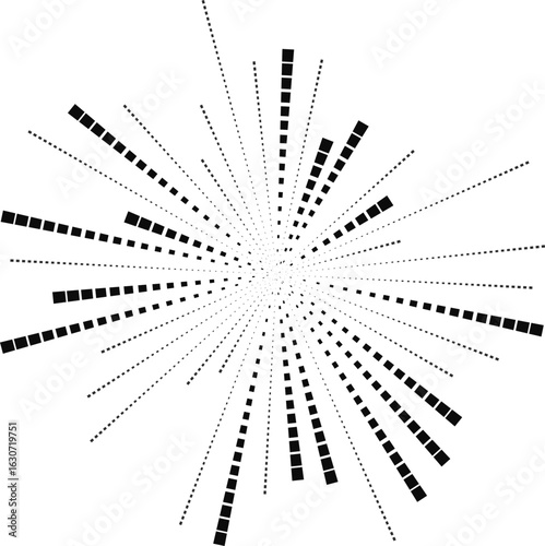 Composition of a circular array of square rays with large variation in ray lengths and irregular arrangement.