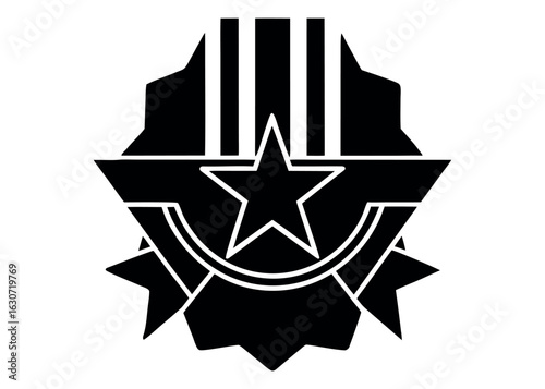 Geometric star emblem with vertical stripes and ribbon detail silhouette