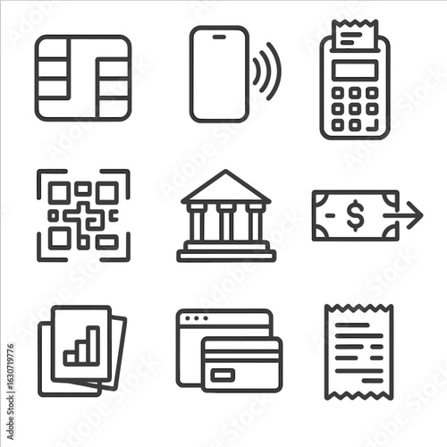 Payment Icons Collection. Line style icons of Payment Processing: credit card chip, mobile pay wave, POS terminal, QR scan, ACH