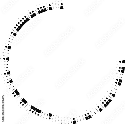 Circular form with short square rays distributed unevenly, missing one quarter, and a clear central space.