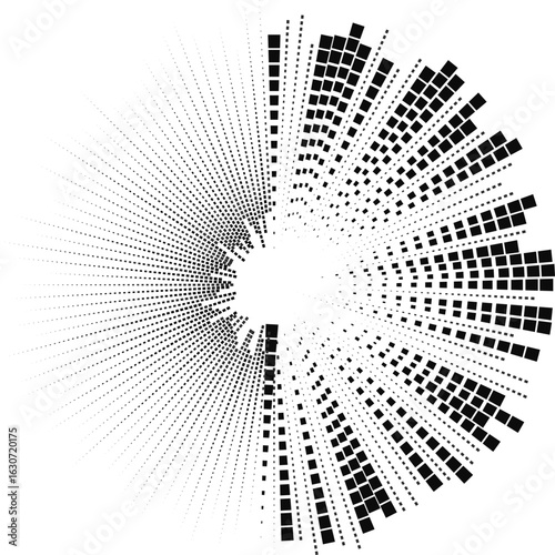 Small empty center enclosed by irregular rays of squares projecting both inward and outward in a circle.