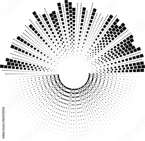 Half of the circle is filled with square-based irregular rays extending outward in a radial format.