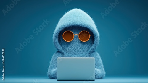 techie cartoon character in fluffy blue hoodie using laptop