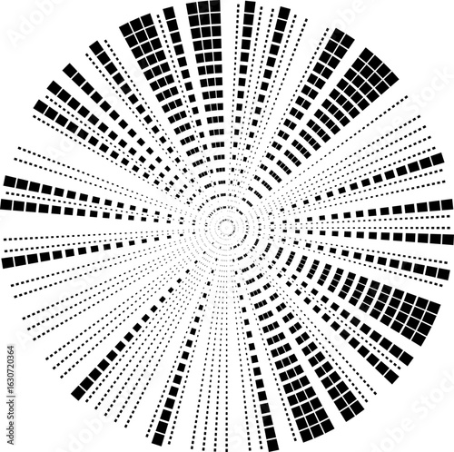 Square rays radiate outward symmetrically in all directions from the central point of the circle.