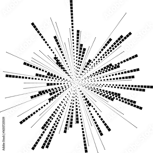 Irregular square rays burst outward from the exact center forming an explosive radial configuration.