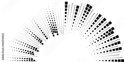 Half-circle arrangement contains irregular long square rays extending inward and outward from the curve.