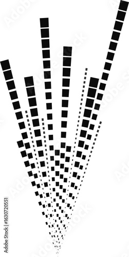 Radial configuration with square elements forming irregularly spaced linear beams around a circular core.