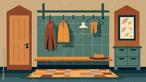 A mudroom with builtin storage benches hooks for coats and a patterned tile floor.