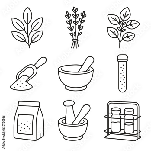Spice Icon Collection. Line style icons of pantry spices: Mediterranean herbs, thyme bunch, oregano sprig, spice scoop with mound,