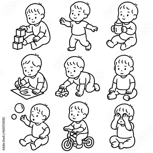 Toddler Activity Icons. Outline style icons of toddler activities: stacking blocks, learning to walk, holding sippy cup, drawing