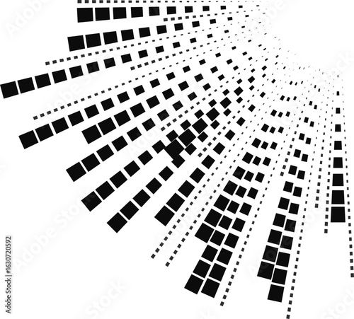 Irregular and long square rays fill a quarter of a circular structure radiating from one side.