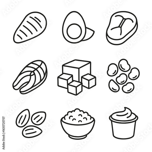 Protein Food Icons. Line style icons of Protein Food Sources: grilled chicken breast, boiled egg, beef steak, salmon fillet, tofu