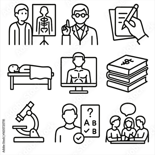 Medical Education Icons. Outline style icons of Medical Education: student with anatomy chart, professor pointing, med student