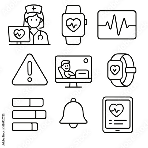 Remote Health Monitoring Icons. Outline style icons of Remote Monitoring: nurse watching screen, wearable tracker, heart rate
