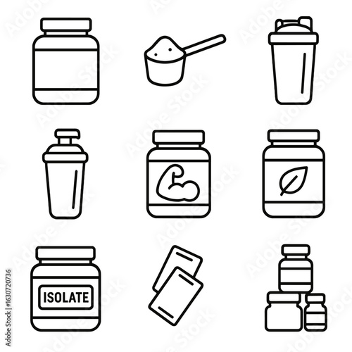 Protein Collection Icons. Line style icons of Protein Powders: whey container, scoop with powder, blender cup, shaker bottle,
