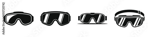 Set of Ski Goggles Silhouette Icons – Black Vector Winter Sports Eyewear, Snowboard Glasses, Protective Gear, Isolated Illustration for Skiing, Snowboarding, Outdoor Activities, and Safety Equipment