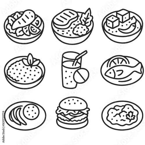 Diet-Friendly Protein Icons. Line style icons of Protein for Special Diets: keto chicken salad, paleo beef bowl, vegetarian tofu