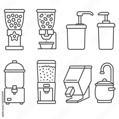 Food Dispenser Icons. Outline style icons of Food Dispensing Appliances: cereal dispenser, nut dispenser, condiment pump, beverage