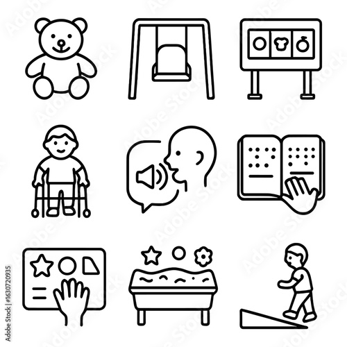 Accessible Children Icons. Outline style icons of Children’s Accessibility Features: inclusive toy icon, adapted swing set,