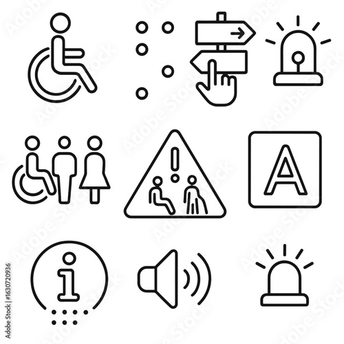 Outline Accessibility Icons. Outline style icons of Signage and Symbols: universal accessibility sign, braille signage, direction