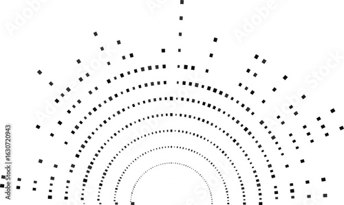 Semicircle structure featuring big irregular square rays surrounding a central circular space with open center.
