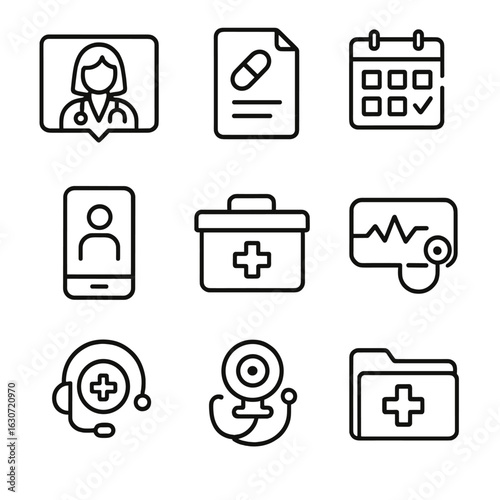 Telemedicine Outline Icons. Outline style icons of Telemedicine and Remote Care: video call with doctor, digital prescription,