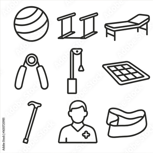 Rehabilitation Room Icons. Outline style icons of Rehabilitation Room: exercise ball, parallel bars, therapy bed, grip trainer,