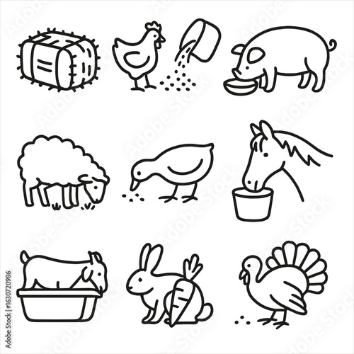 Animal Feeding Icons. Outline style icons of Animal Feeding: hay bale for cows, grain for chickens, pig eating, sheep grazing,