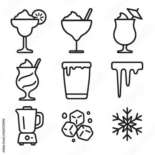 Frozen Cocktail Icons. Outline style icons of Frozen Tropical Cocktails: frozen margarita, frozen daiquiri, piña colada, slushy