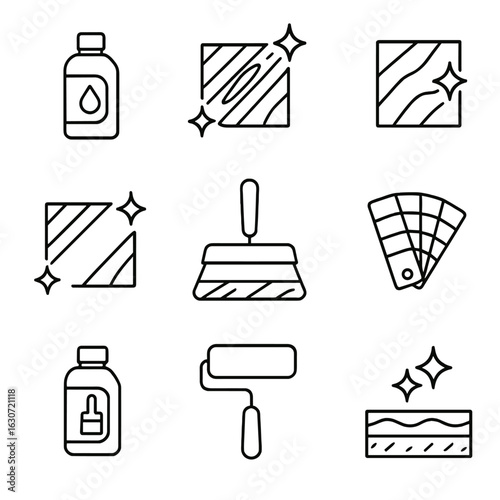 Flooring Finish Icons. Outline style icons of Flooring Finishes: matte finish bottle, high-gloss shine icon, satin finish icon,
