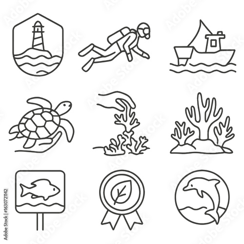Ocean Conservation Icons. Outline style icons of Ocean Conservation: protected marine area icon, rescue diver, ocean cleanup boat,