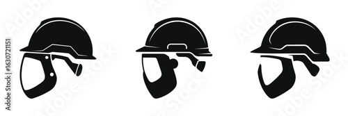Set of Safety Helmet with Face Shield Silhouette Icons – Black Vector Hard Hat, Protective Headgear, Industrial Safety Equipment, Isolated Illustration for Construction, Engineering, and Work Safety