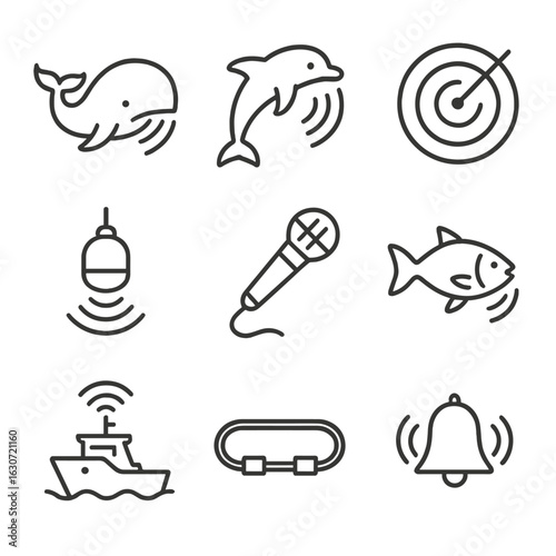 Oceanic Sound Icons. Outline style icons of Ocean Sound and Communication: whale song wave, dolphin echolocation, sonar ping,