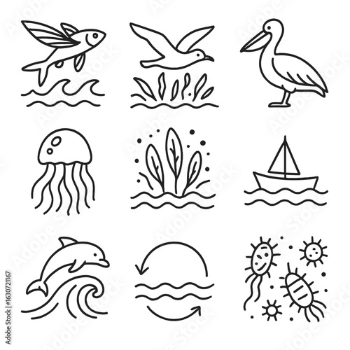 Ocean Life Icons. Outline style icons of Ocean Surface Life: flying fish, seagull over waves, pelican, floating jellyfish, algae