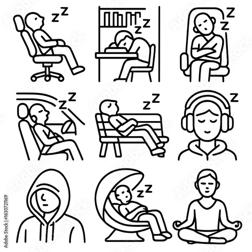Quick Rest Icons. Outline style icons of Quick Rest Settings: office chair recline, library nap, nap on train, nap in car, outdoor