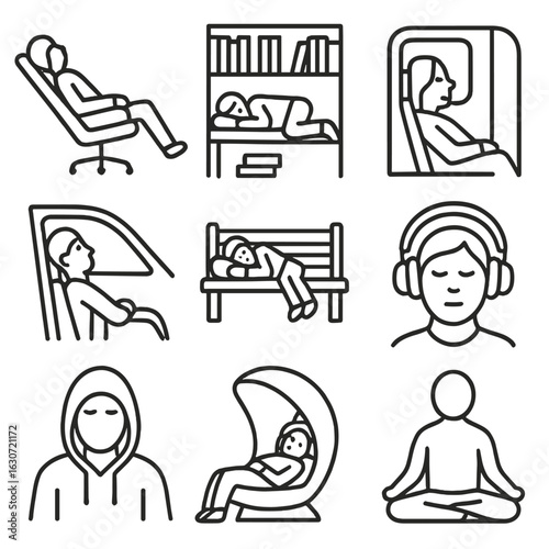 Quick Rest Icons. Outline style icons of Quick Rest Settings: office chair recline, library nap, nap on train, nap in car, outdoor