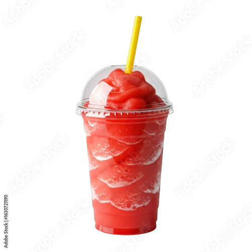 Frozen strawberry slush in vibrant red with yellow straw in clear plastic cup isolated on transparent background