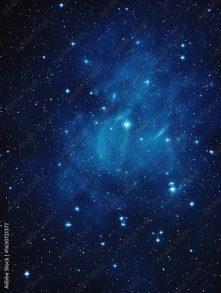 Fototapeta premium Starry sky background, blue night sky full of stars, glowing stars in the dark space, starry background, dark night, stars in the distance, starlight, dark background with a blue glow, night sky. 