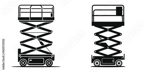 Set of Scissor Lift Silhouette Icons – Black Vector Aerial Work Platform, Construction Equipment, Hydraulic Lift, Isolated Illustration for Industrial, Maintenance, and Building Site Safety Concepts