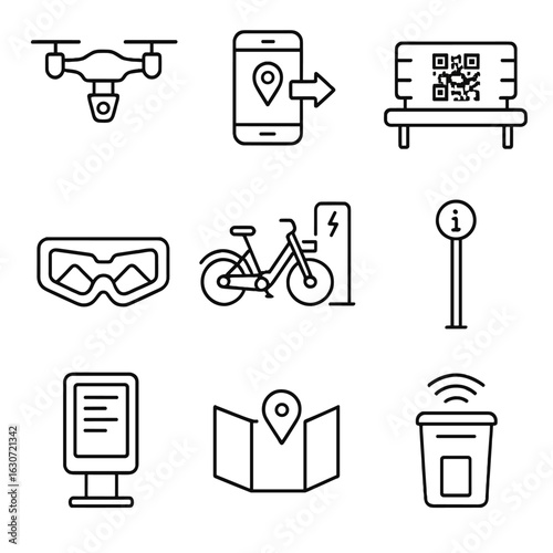 Park Technology Icons. Outline style icons of Park Technology Features: security drone, app-based guide sign, QR code on bench,