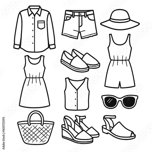 Summer Outfit Icons. Outline style icons of Casual Summer Outfits: linen shirt, denim cutoffs, sun hat, cotton dress, espadrilles,