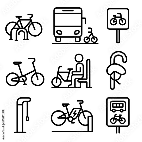 Bike-Friendly Icons. Outline style icons of Bike-Friendly Bus Stops: cycle parking rack, bike lane near stop, shared bike symbol,