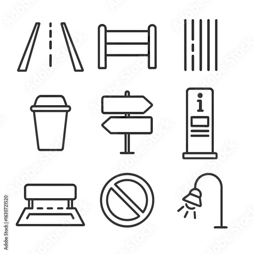 Transit Stop Icons. Outline style icons of Transit Stop Infrastructure: paved path, railing fence, tactile floor lines, trash