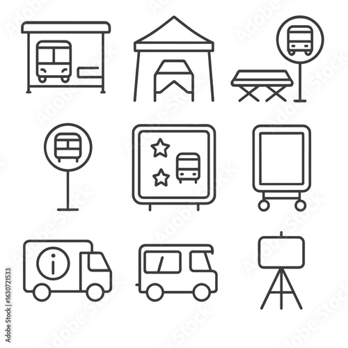 Mobile Stop Icons. Outline style icons of Temporary and Mobile Stops: mobile bus shelter, temporary tent stop, folding bench setup