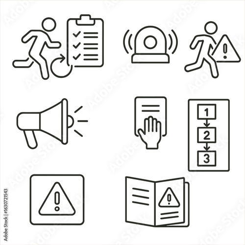 Safety Procedure Icons. Outline style icons of Safety Procedures Alerts: emergency drill icon, safety protocol checklist,