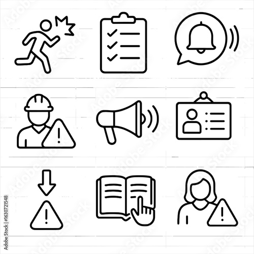Safety Procedure Icons. Outline style icons of Safety Procedures Alerts: emergency drill icon, safety protocol checklist,
